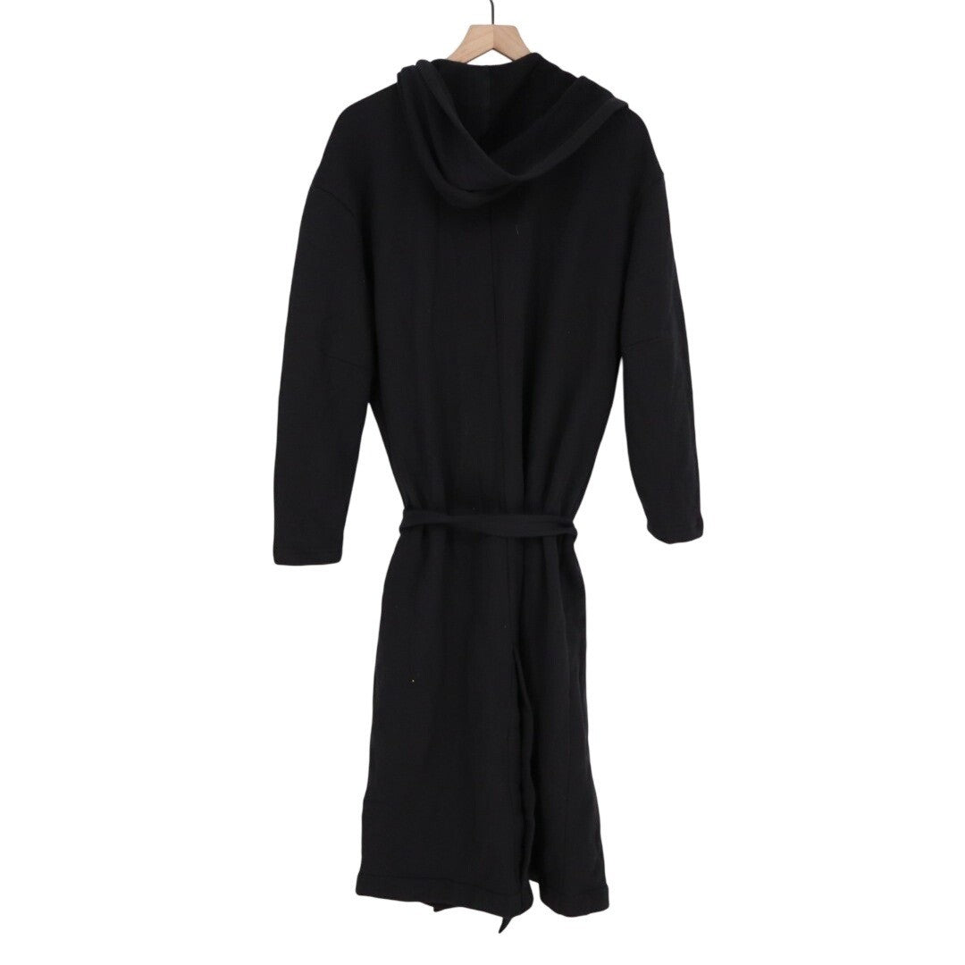 American Giant Fleece Long Coat Women M/L Black Cotton Waist Belt Hooded Pockets
