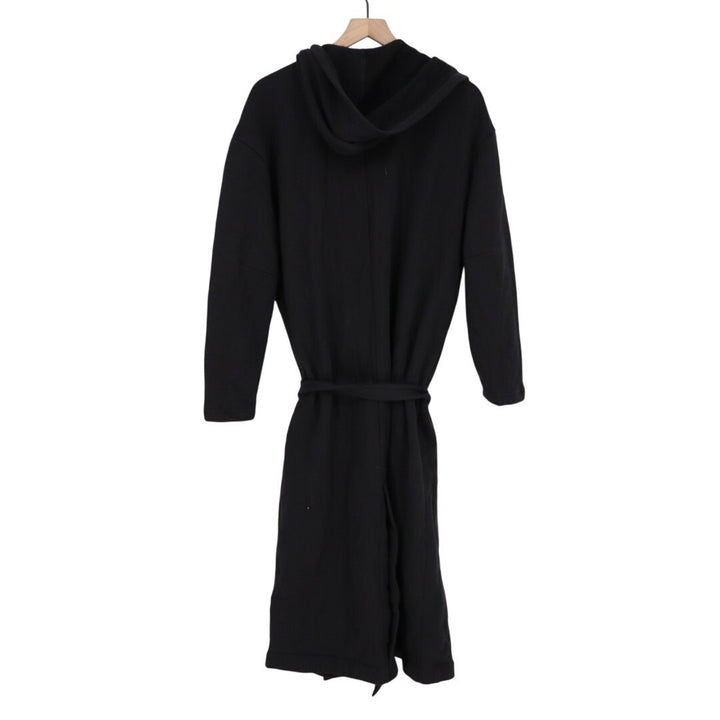 American Giant Fleece Long Coat Women M/L Black Cotton Waist Belt Hooded Pockets