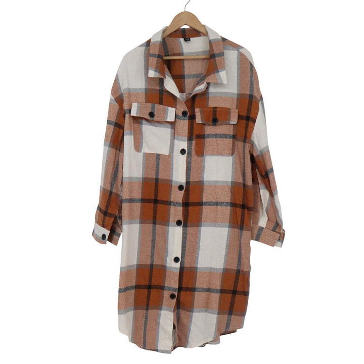 Shein Curve Orange Plaid Longline Shacket Shirt Jacket Plus Size 1XL