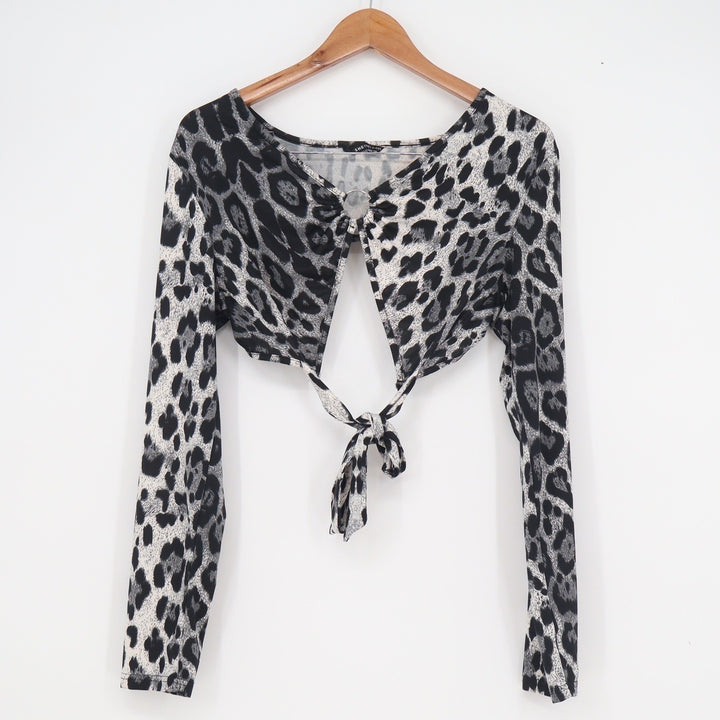 SHEIN Womens Leopard Print Front Tie Crop Top O-Ring Long Sleeve Grey Large L