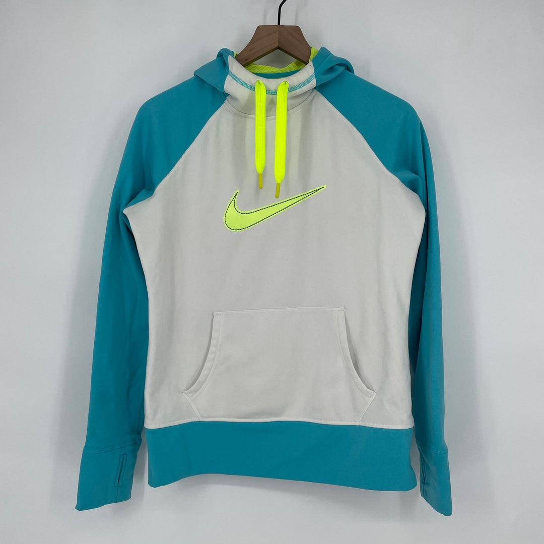 Nike Therma Fit Hoodie Turquoise White Neon Yellow Swoosh Pullover Size M