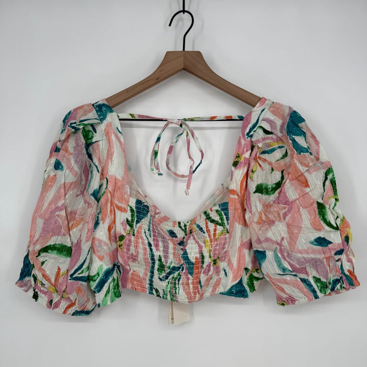 RAHI Maui Chantal Top L Floral Print Woven Rattan Ring Tie Back Crop