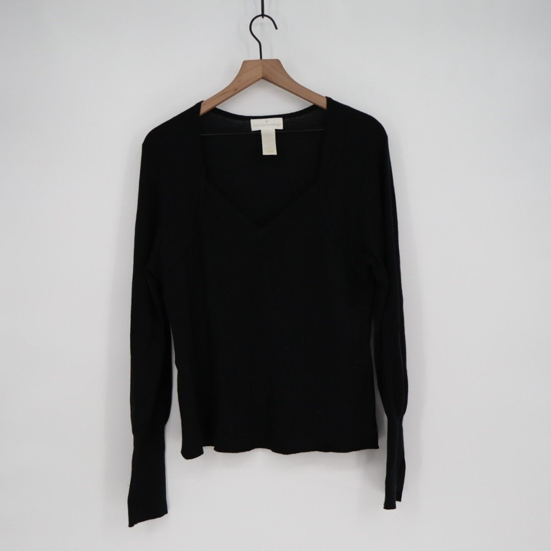 Soft Surroundings Sweater Womens large Black Knit V-Neck Ribbed Hem Long Sleeve