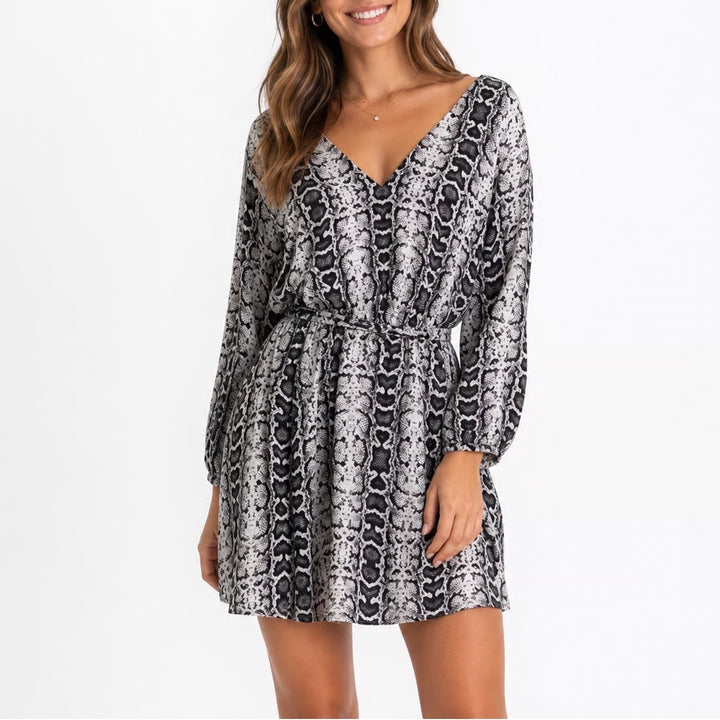 Express Snakeskin Print Long Sleeve V-Neck Mini Dress with Tie Waist M