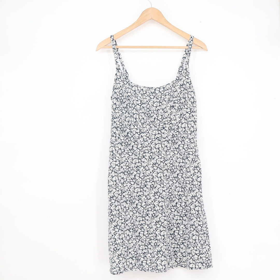 Old Navy Womens S Tall Linen Blend Floral Smocked Back Mini Dress Navy White