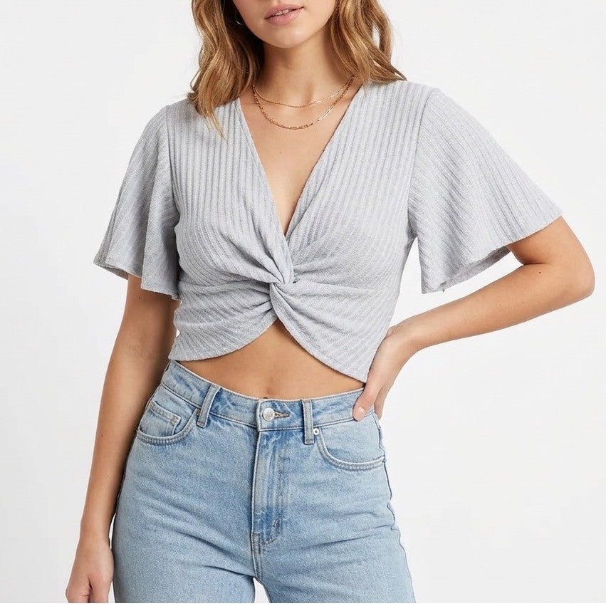 Crop Top Womens M/L Blue Striped Twisted Back Pleated V-Neck Butterfly Sleeve