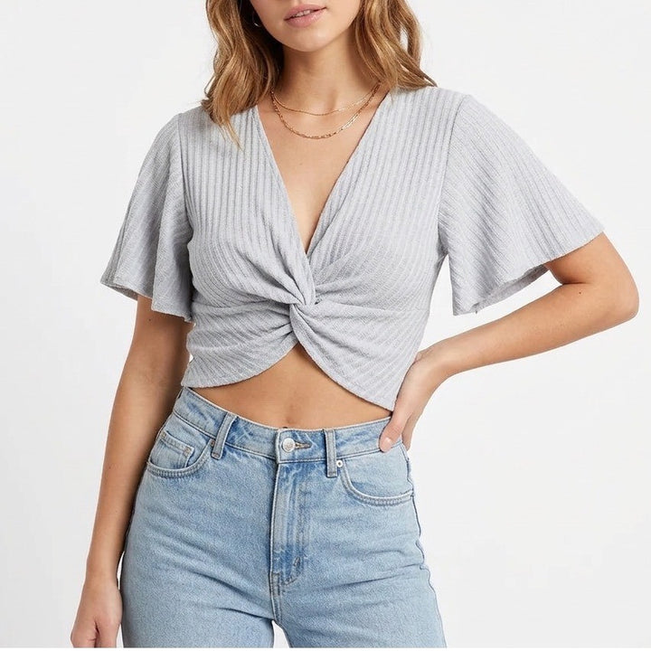 Crop Top Womens M/L Blue Striped Twisted Back Pleated V-Neck Butterfly Sleeve