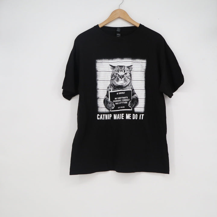 M&O Gold Catnip Made Me Do It Cat Mugshot Graphic T-Shirt Black Mens Large L
