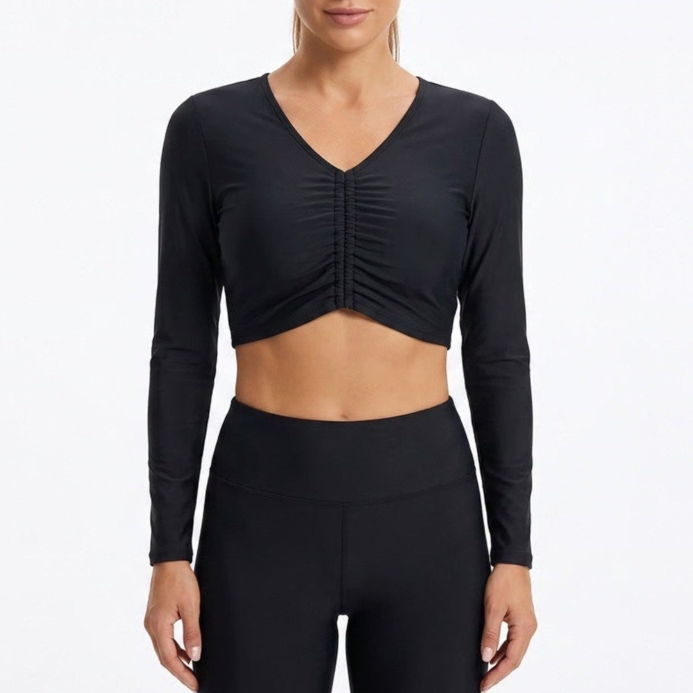Calia Womens Black Ruched V-Neck Long Sleeve Crop Top Size M