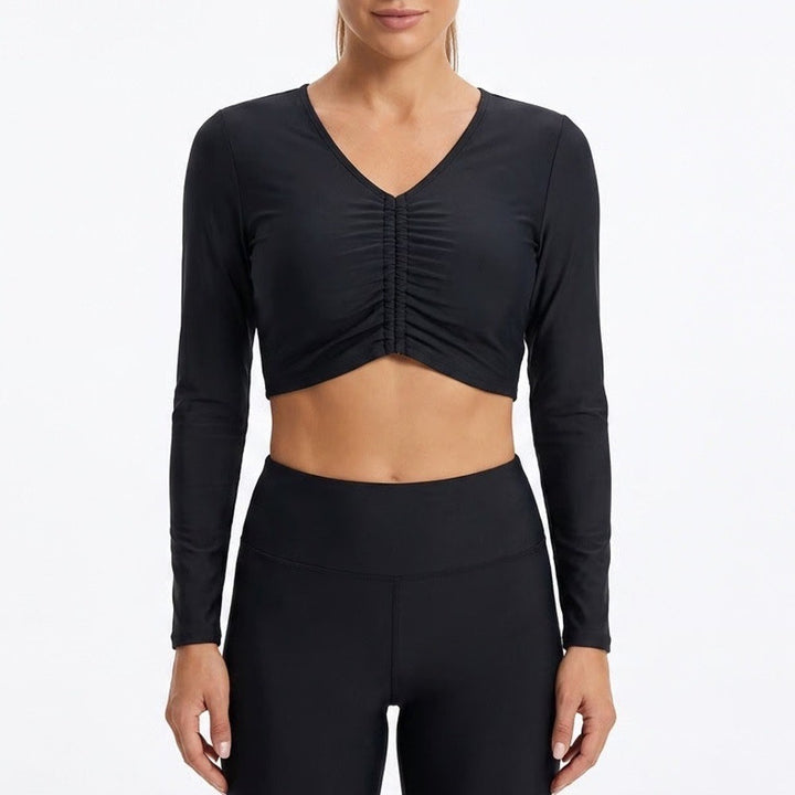 Calia Womens Black Ruched V-Neck Long Sleeve Crop Top Size M