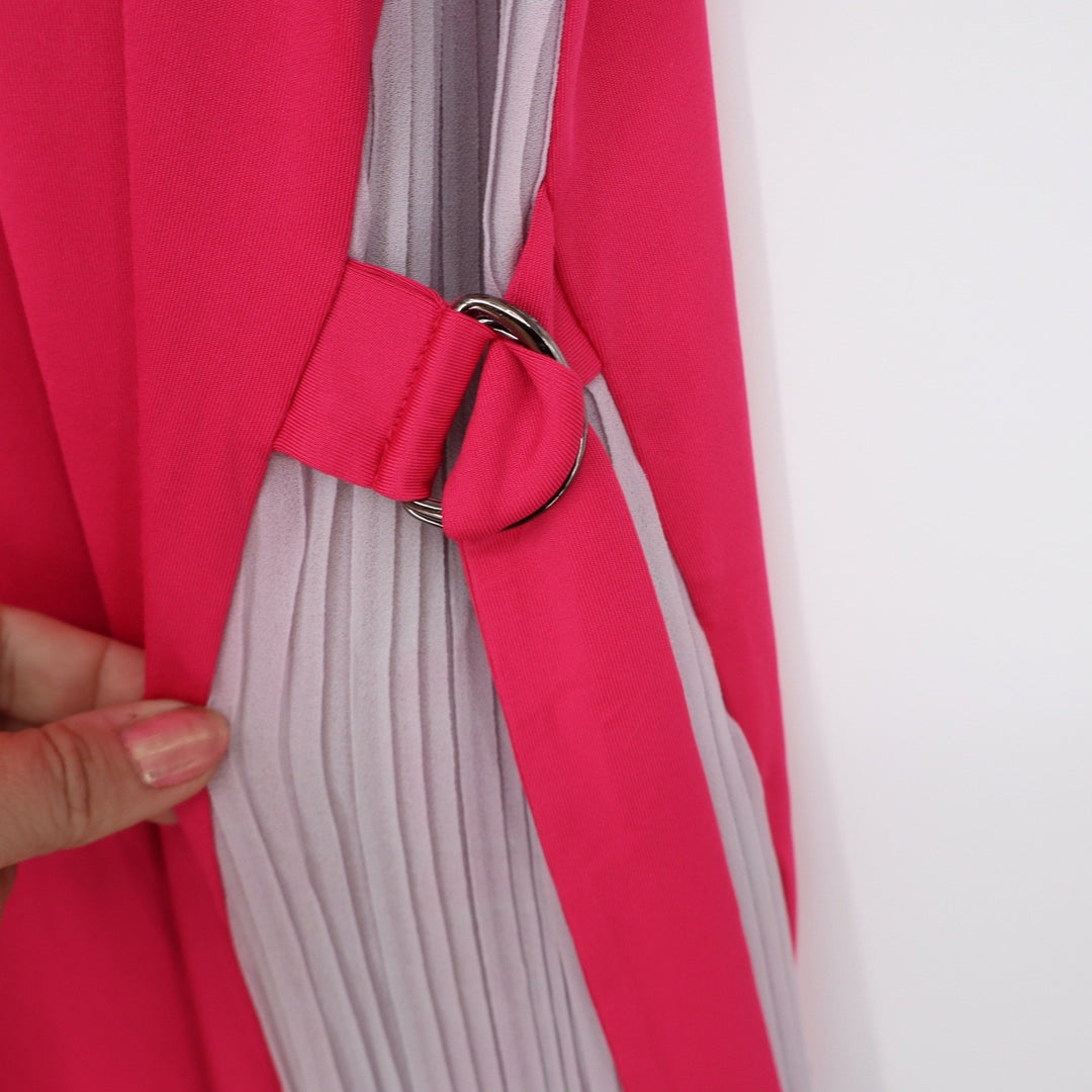 DEENRSEE Dress Womens L Asymmetrical Pleated Side Panel Pink V-Neck Good