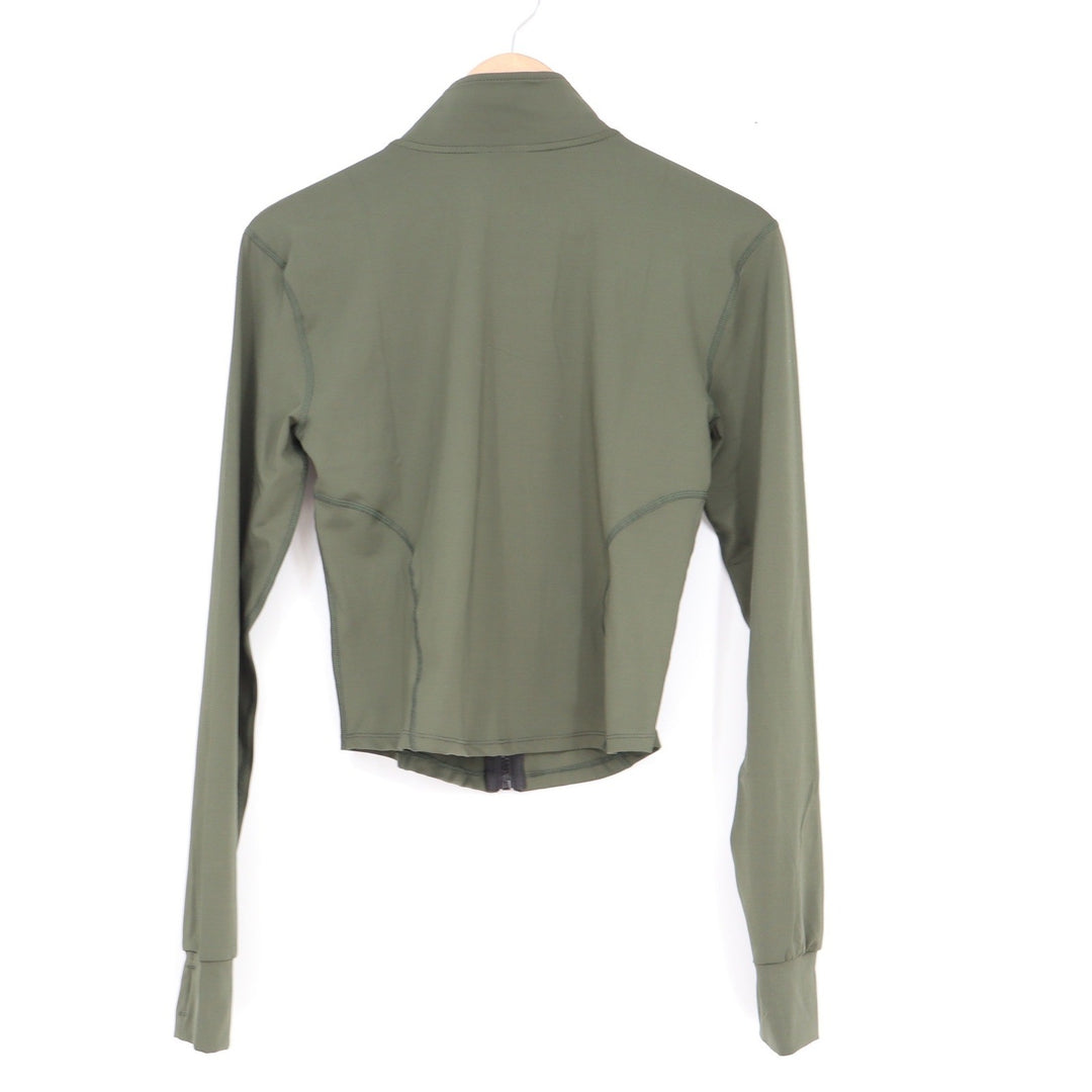 Fashion Olive Green Cropped Full Zip Athletic Jacket Mock Neck Thumbholes L