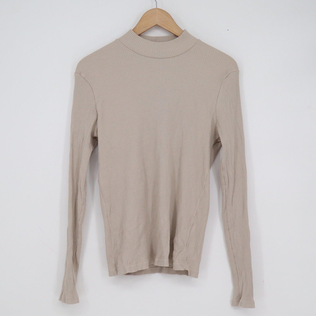 Uniqlo Womens Mock Neck Ribbed Long Sleeve Top Beige Tan Size M
