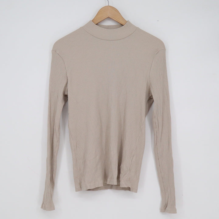 Uniqlo Womens Mock Neck Ribbed Long Sleeve Top Beige Tan Size M