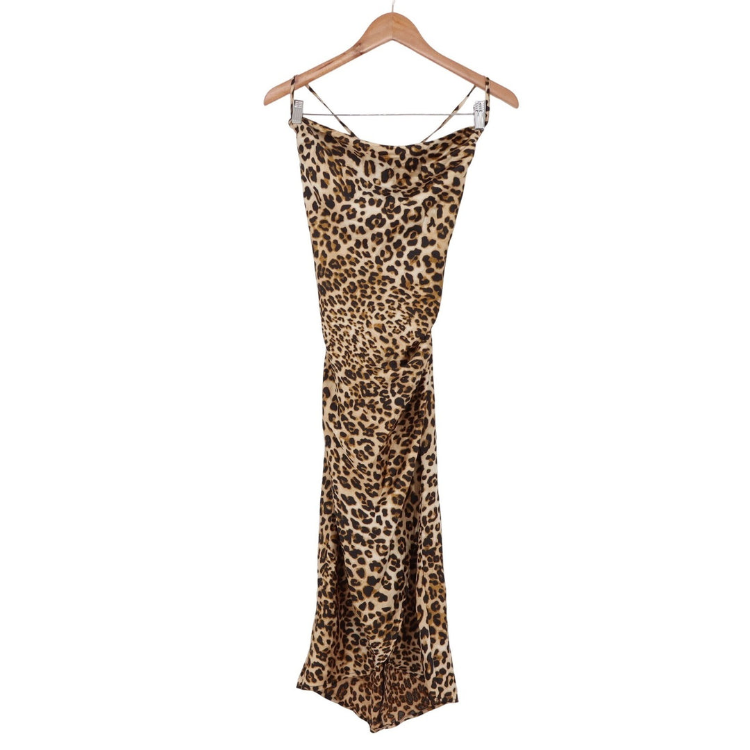 Moon River Dress Womens M Leopard Print Cowl Neck Ruched Midi Brown NWT