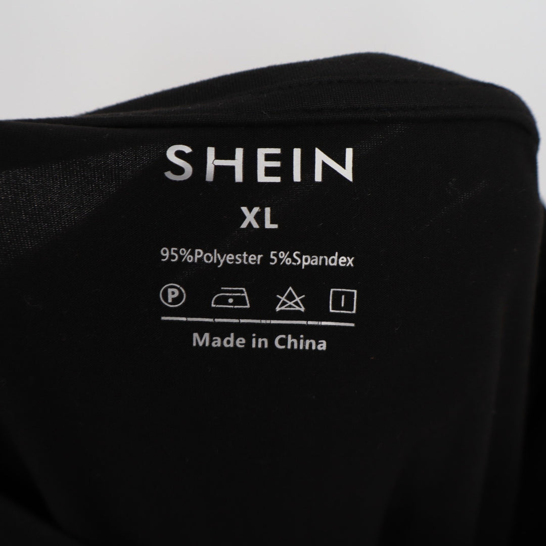 Shein T-Shirt Womens XL Black Stretch Hand Floral Print Crew Neck Short Sleeve