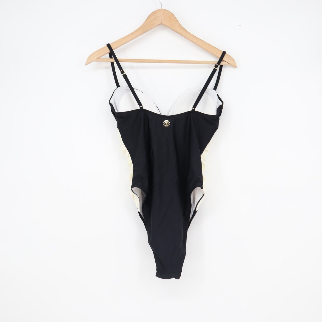 Cupshe Black Cream Colorblock Ruched V-Neck One-Piece Swimsuit Womens Medium NEW