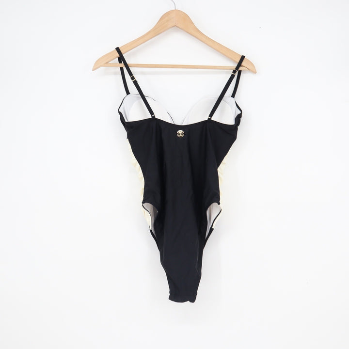 Cupshe Black Cream Colorblock Ruched V-Neck One-Piece Swimsuit Womens Medium NEW