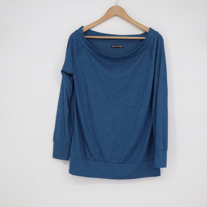 Sarin Mathews Blue Heathered Boat Neck Long Sleeve Top Banded Hem Size M