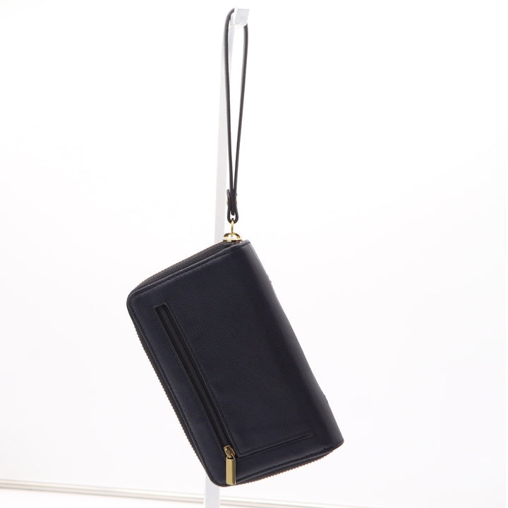 Fossil Logan Black Pebbled Leather Zip Around Clutch Wristlet Gold Hardware
