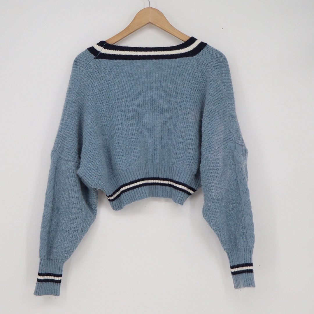 Womens Light Blue Cropped Varsity Cardigan Sweater Striped Trim V-Neck