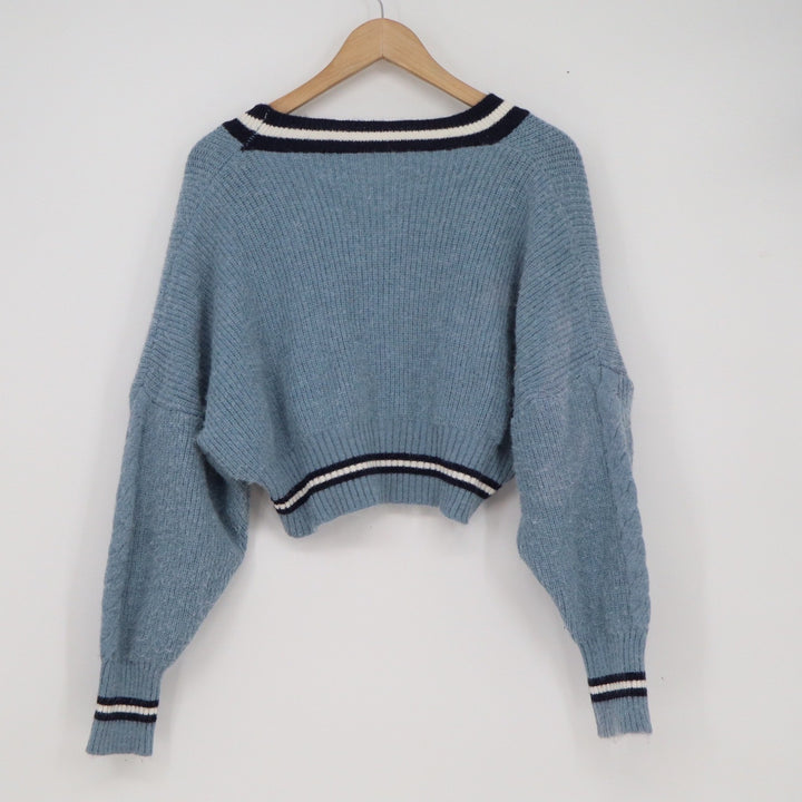 Womens Light Blue Cropped Varsity Cardigan Sweater Striped Trim V-Neck