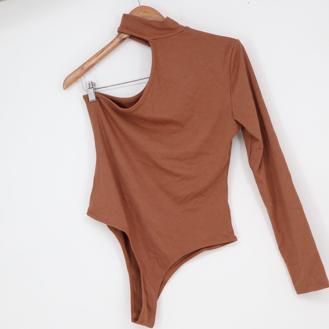 SHEIN Rust Brown One Shoulder Cutout Ribbed Bodysuit Long Sleeve Size L
