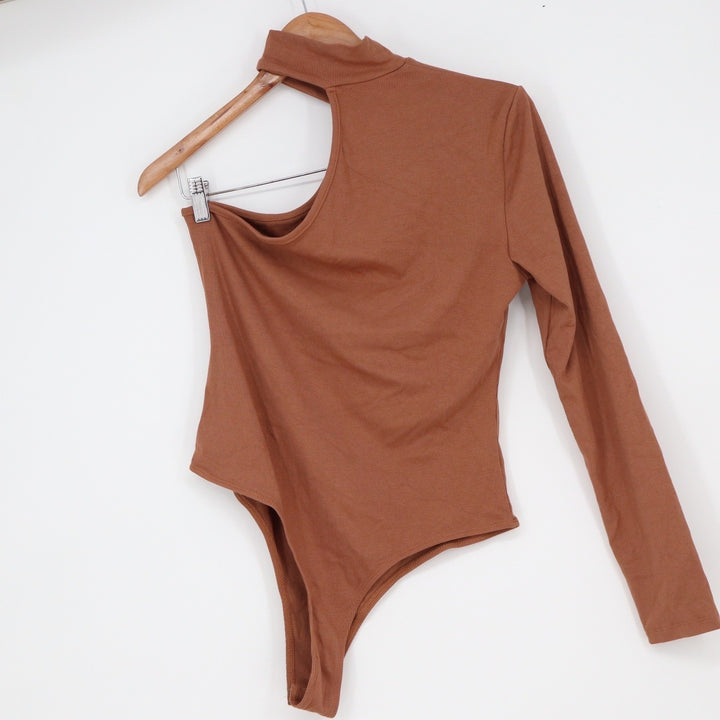SHEIN Rust Brown One Shoulder Cutout Ribbed Bodysuit Long Sleeve Size L