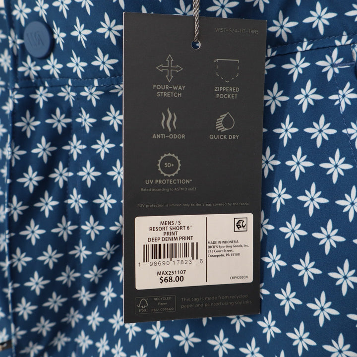 VRST Mens Resort Short 6" Deep Denim Print Blue White Floral Stretch Size S