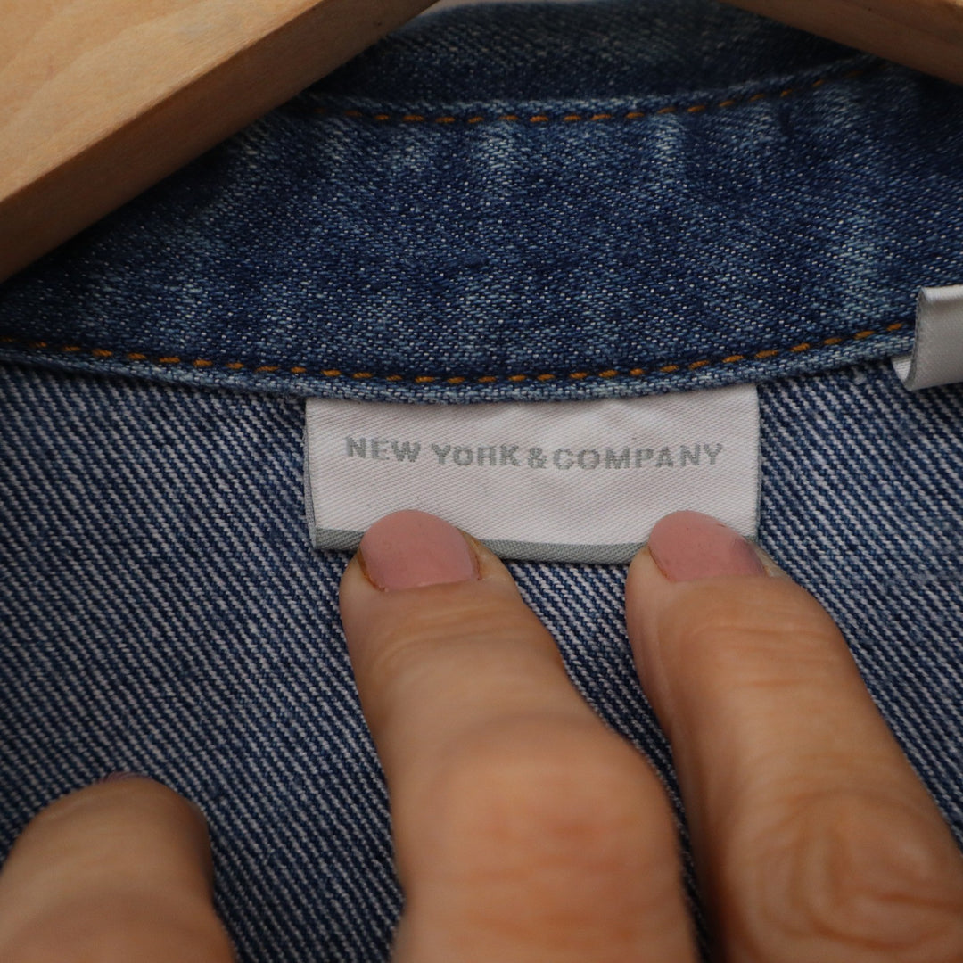 New York & Company Womens Medium Wash Denim Trucker Jacket Blue Size S Stretch