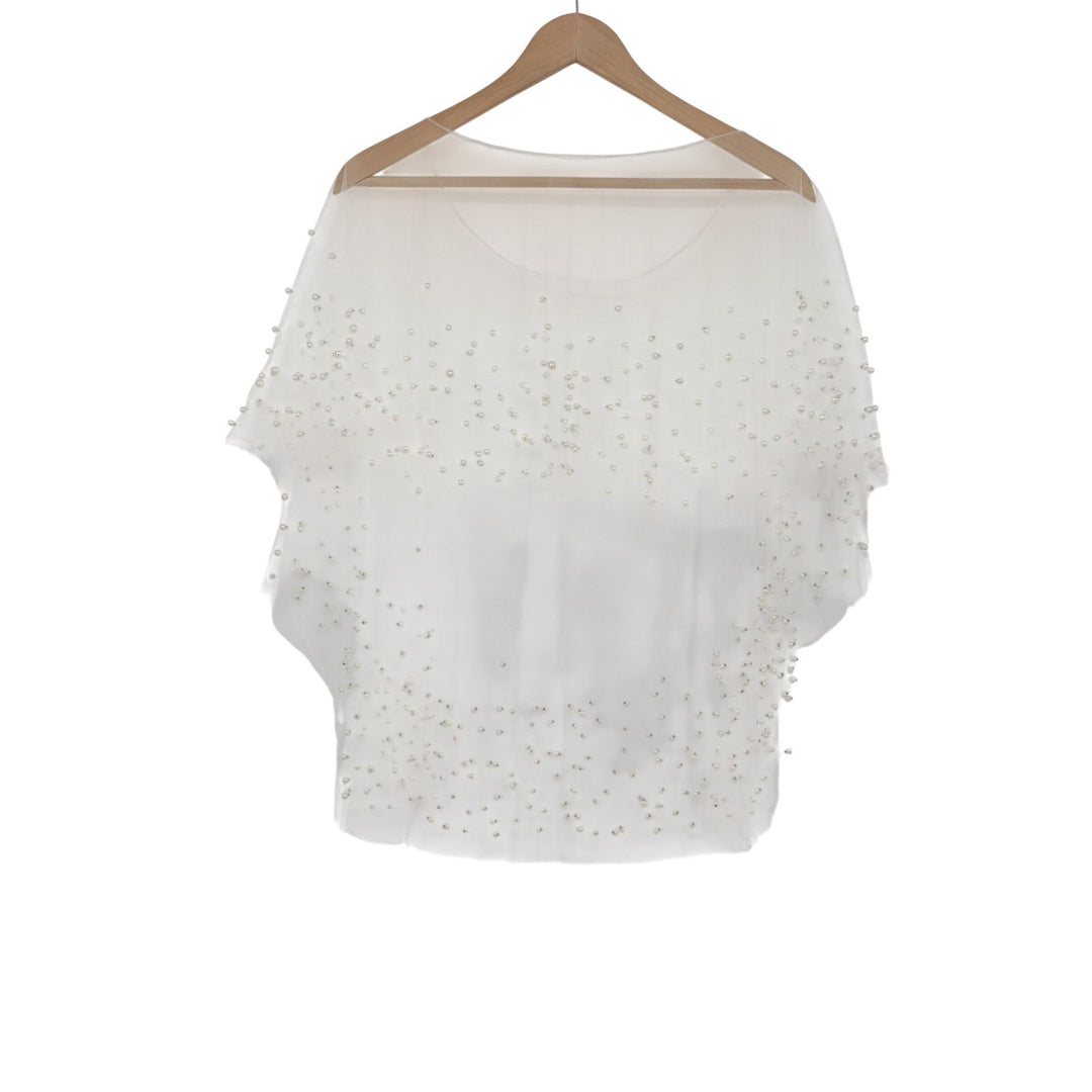 White Sheer Mesh Pearl Embellished Poncho Top Elegant Bridal Layering O/S