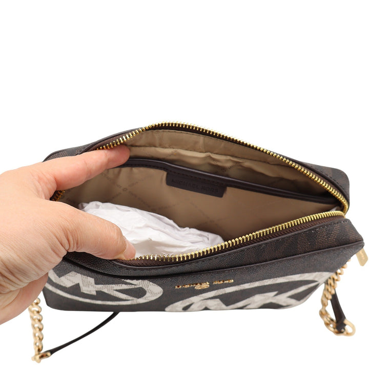 Michael Kors Jet Set Large East West Crossbody Bag Brown Monogram Logo Print