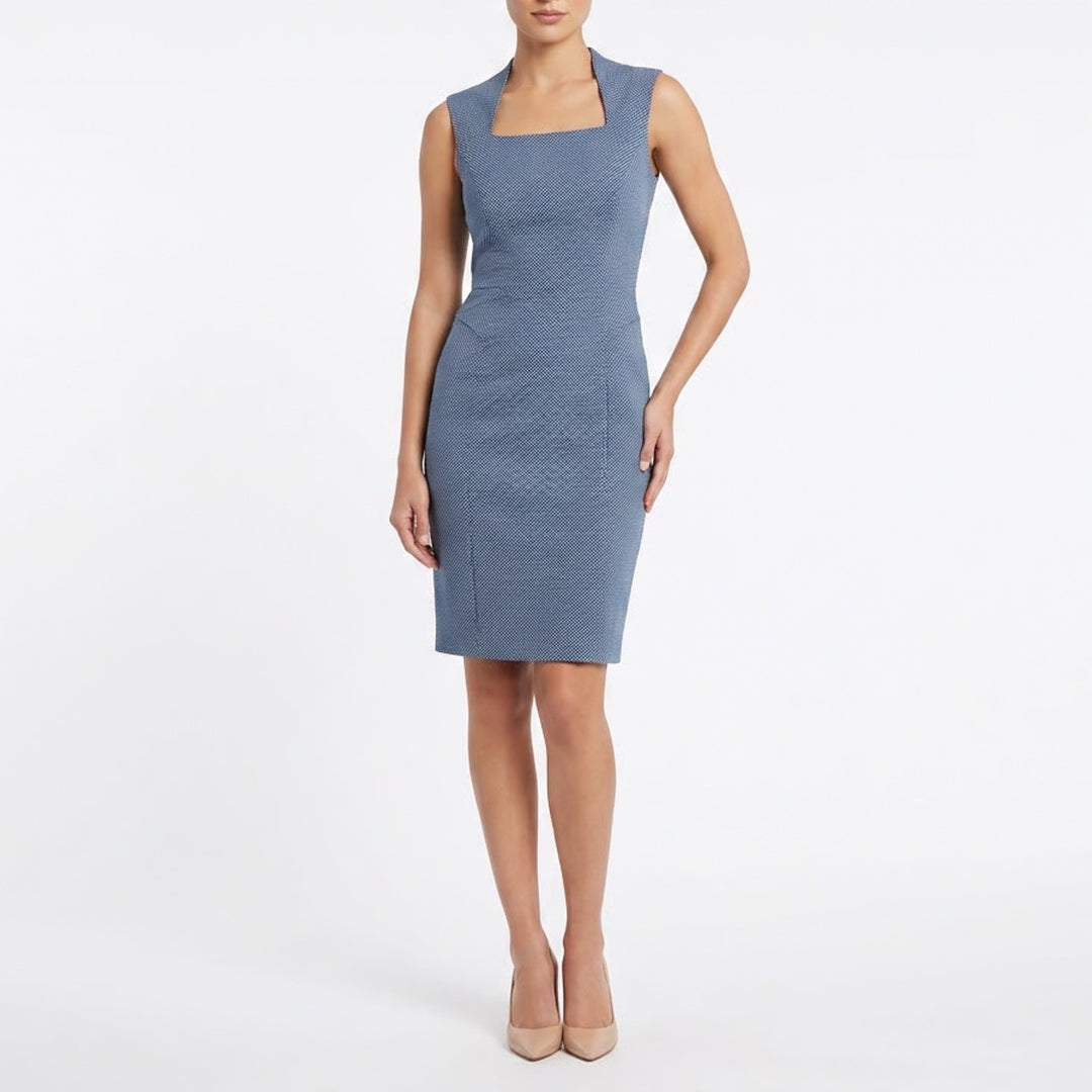 Adrianna Papell Navy Blue White Textured Square Neck Sheath Dress Size 6