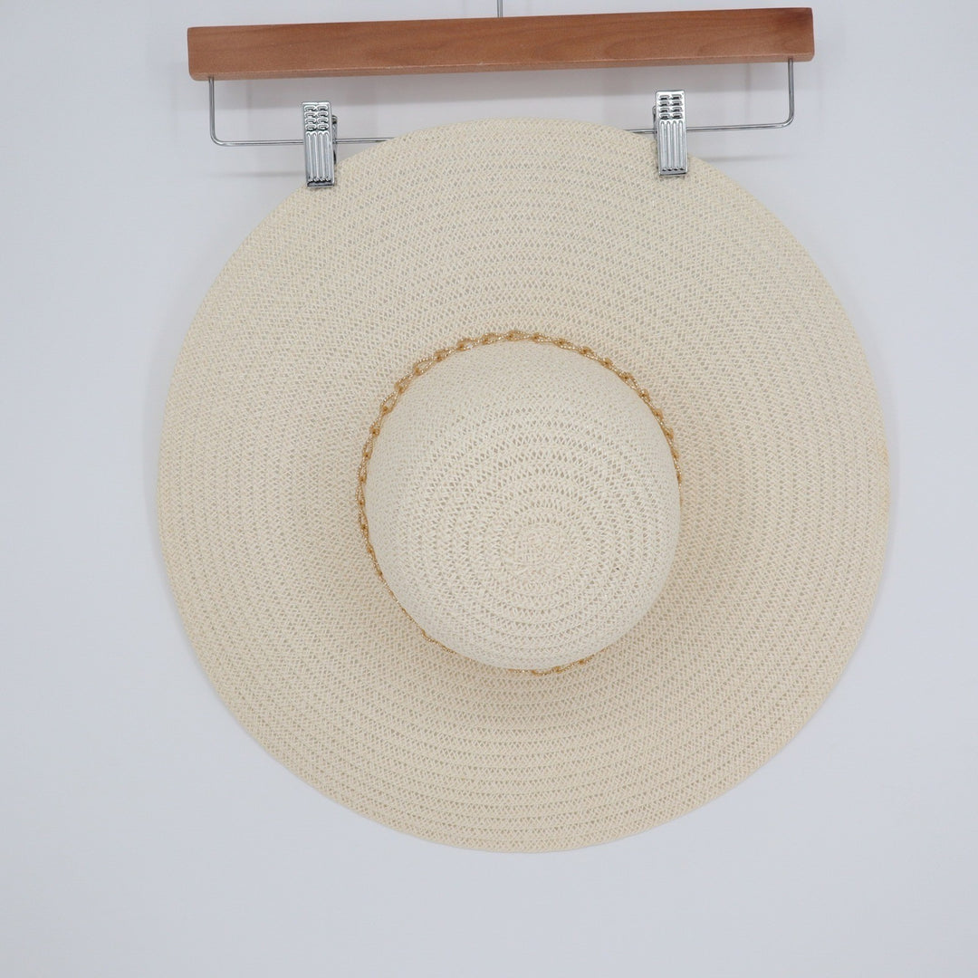 Kensie Womens Wide Brim Straw Sun Hat Cream Ivory Gold Chain Accent OS