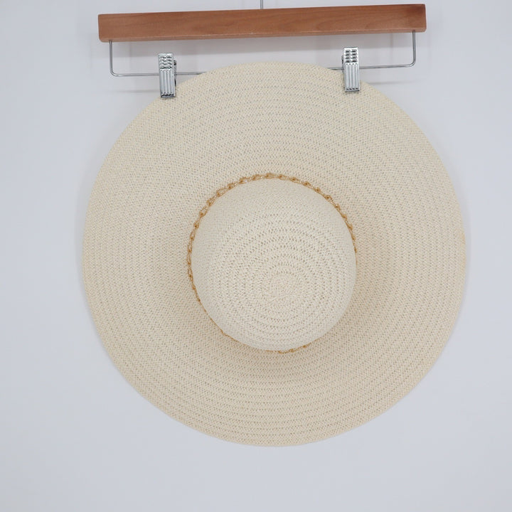 Kensie Womens Wide Brim Straw Sun Hat Cream Ivory Gold Chain Accent OS