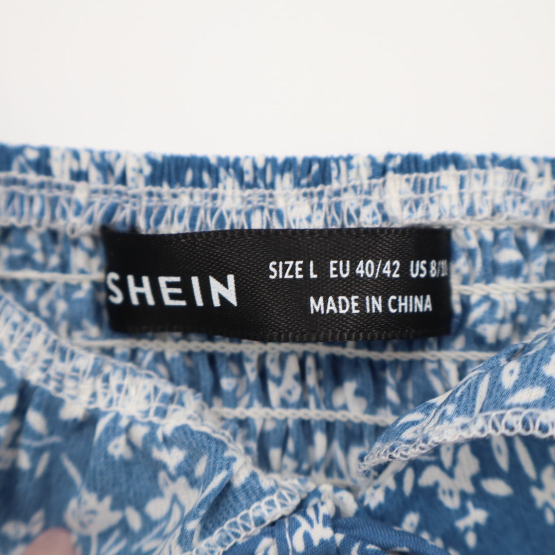 Shein Crop Tank Top Womens Large Blue Stretch Floral Ruffle Smocked Tie Front