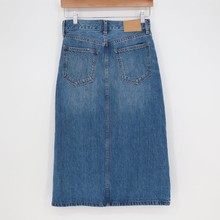 Denim Forum Aritzia The 90s Halle Skirt Medium Wash Blue Cotton Midi Slit 25