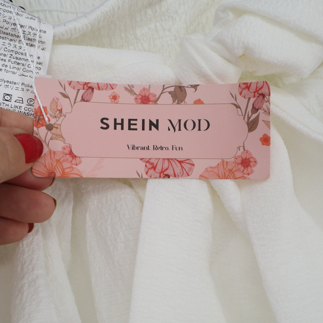 Shein Mod White Tiered Ruffle Mini Skirt Smocked High Waist Tie Front XS NEW