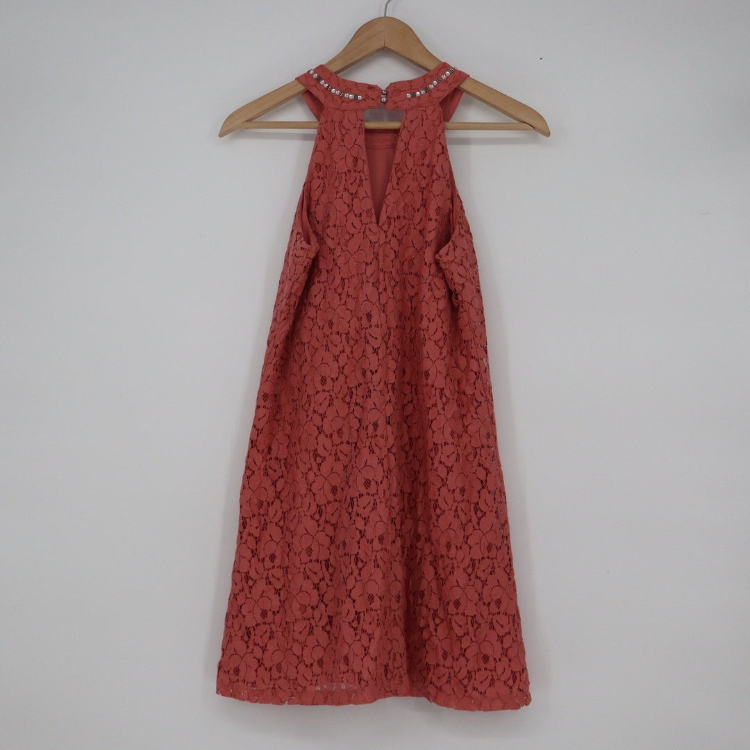 Candie's Coral Pink Floral Lace Halter Dress Embellished Neckline Size S
