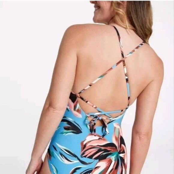 Calia Womens Tranquil Blue Floral Strappy Back One Piece Swimsuit Size 14