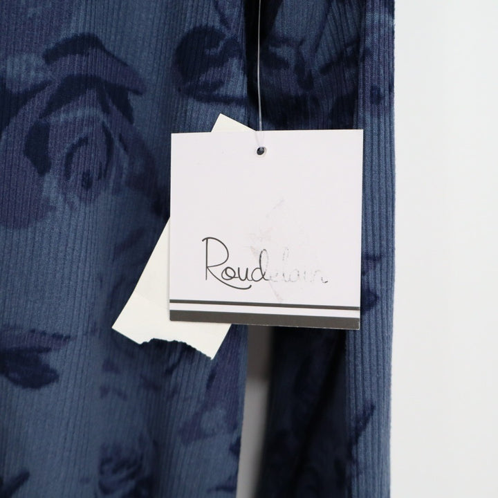 Roudelain 2-PC Pajamas Set Womens Large Blue Floral Stretch Ribbed Lapel Collar
