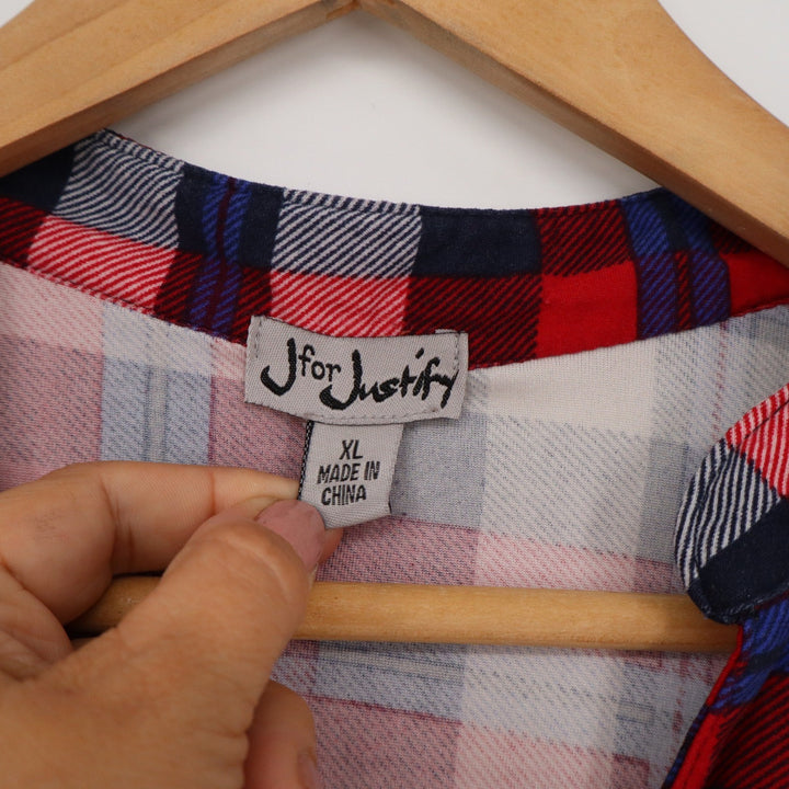 J for Justify XL Red Navy Blue White Plaid Button Front Tunic Shirt 3/4 Sleeve