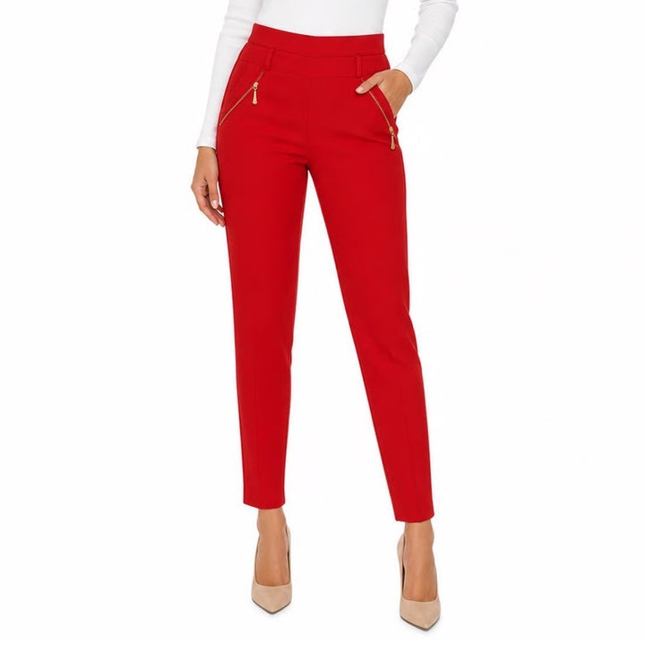 Red High Waisted Gold Zip Stretch Pull On Skinny Pants One Size