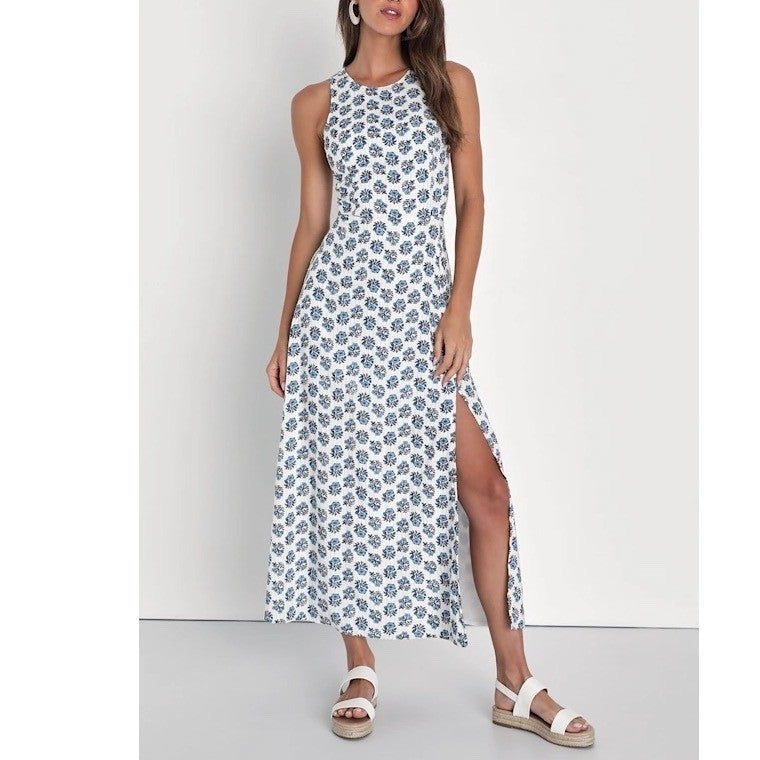 Lulus Flirty Fave Midi Dress Womens XS White Floral Cotton Tie-Back Round Neck