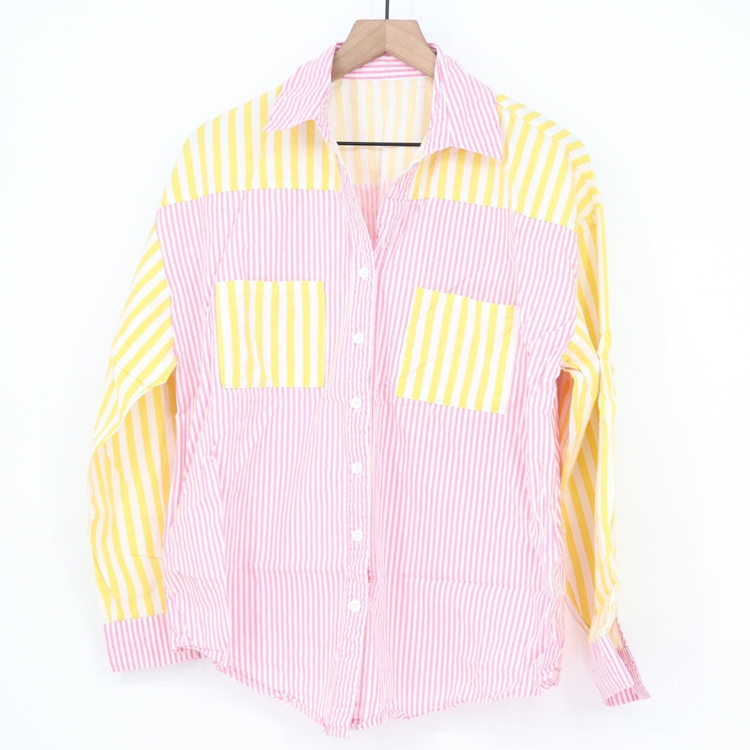 Pink Yellow Striped Colorblock Cotton Button Down Shirt Large