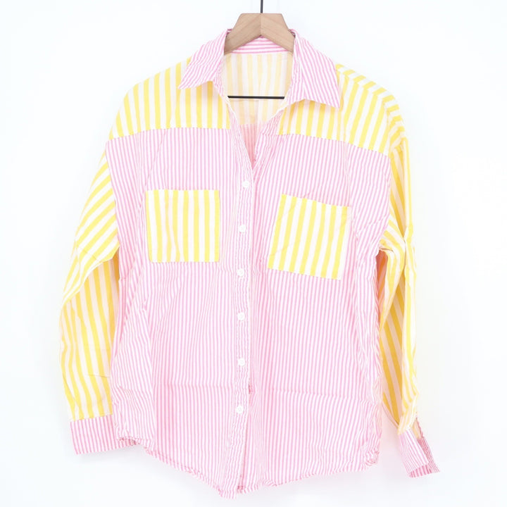 Pink Yellow Striped Colorblock Cotton Button Down Shirt Large