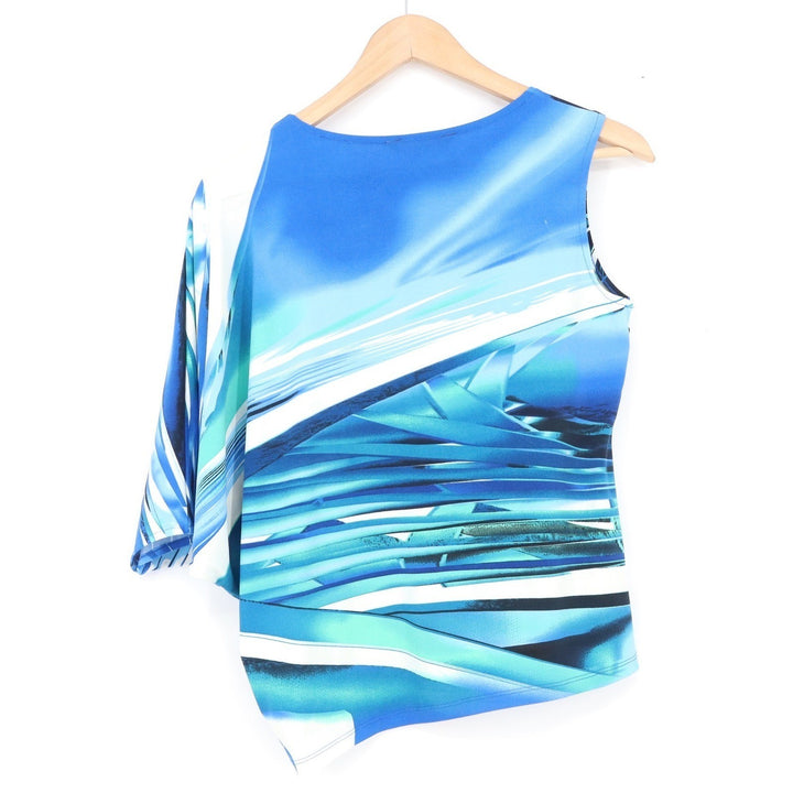 Woman Prima Blue Abstract Graphic Asymmetric Sleeveless Draped Top Large