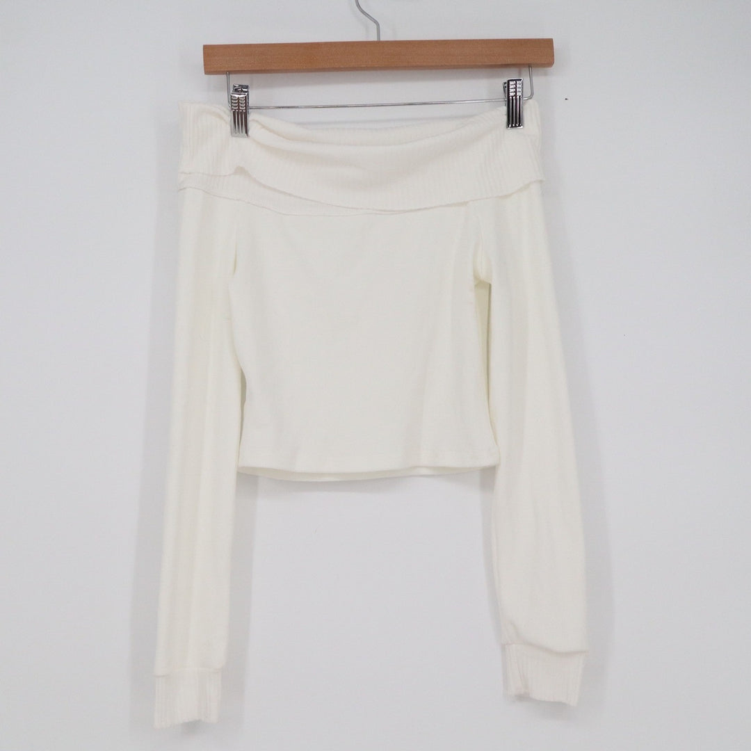 White Ribbed Off the Shoulder Long Sleeve Cropped Top Small Bardot Knit