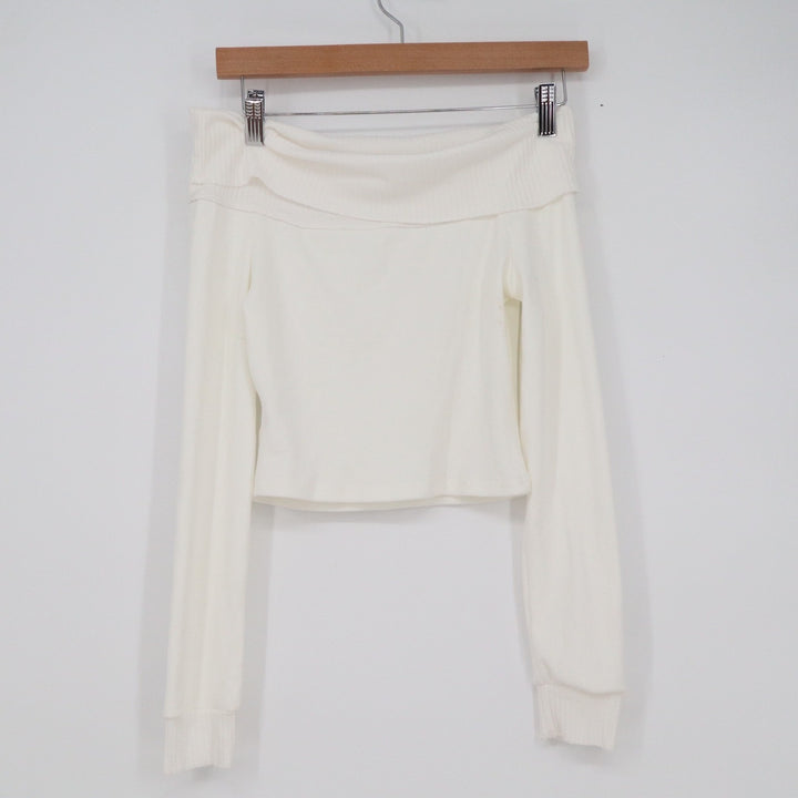 White Ribbed Off the Shoulder Long Sleeve Cropped Top Small Bardot Knit