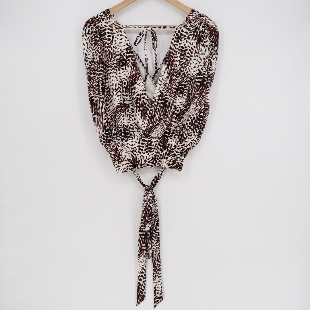 Express Animal Print Surplice Tie Waist Wrap Top Brown Black Large NWT
